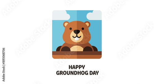 Cartoon Groundhog Emerging from Burrow on Groundhog Day.
