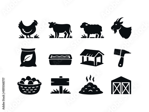 Eco Livestock Icon Set. Eco livestock care. Solid icon set of eco livestock care: free-range chicken, grass-fed cow, pasture sheep, goat icon, natural feed