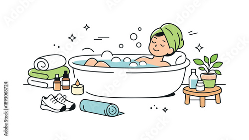 Relaxing Bath Sanctuary. Home wellness routine. A person enjoying a warm bath after a workout, with towels, essential oils, and small plant decor arranged
