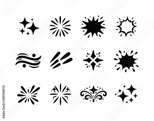 Decorative Icon Set. Decorative emphasis. Solid icon set of Decorative emphasis: sparkle icon, shine rays, burst shape, glow outline, accent wave, emphasis