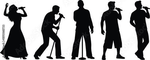 Flat design silhouette group of five singers in various poses holding microphones on stage side view high contrast vector minimal illustration black profile dress casual movement