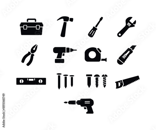 House Repair Tools. House repair tools. Solid icon set of house repair tools: toolbox, hammer, screwdriver, adjustable wrench, pliers, drill machine, tape