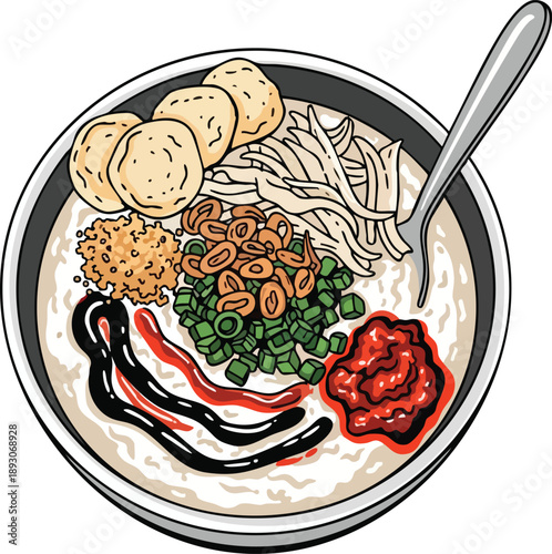 Delicious Indonesian Chicken Porridge with Toppings and Spoon.