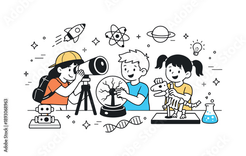 Kids in Science Museum. Kids enjoying science museum experience. Editorial scene showing playful learning, exploration and positive attitude toward education.