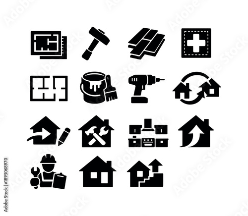 Home Renovation Icons. Home renovation. Solid icon set of Home renovation: renovation plan, demolition hammer, new flooring, drywall patch, room layout, paint