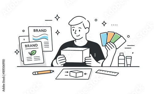 Packaging Design Process. Packaging design process. A person holding a simple box while comparing label options and color samples. Thoughtful creative work