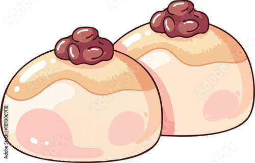 Two delicious Japanese mochi desserts with red bean paste topping.