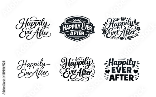 Lettering Variations Grid. Happily Ever After. Set lettering. harmonious lettering variations of the same emblematic concept, each with different artistic