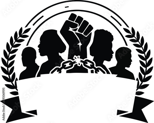 Vector emblem featuring raised fist and broken chains with diverse silhouettes in laurel wreath surrounding central blank ribbon banner looking forward bold graphic solidarity icon design