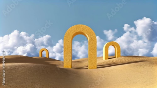 Desert landscape with yellow arches and blue sky