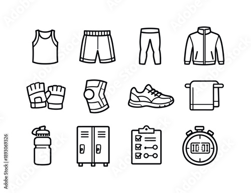 Training Gear Icons. Training Wear. Line icon set of Training Wear: gym tank top, workout shorts, compression leggings, zip jacket, lifting gloves, knee