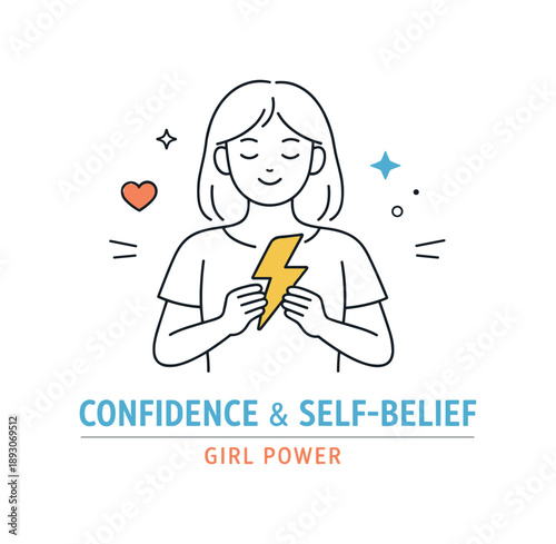 Empowered Minimalist Poster. Girl Power Minimal Poster ? Confidence and Self-Belief. A young woman calmly holding a symbolic lightning bolt or heart icon,