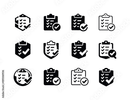 Social Media Icons. Social media audit checklist. Icon set. Set Logo of social media audit checklist: verified checklist board. harmonious logo variations of