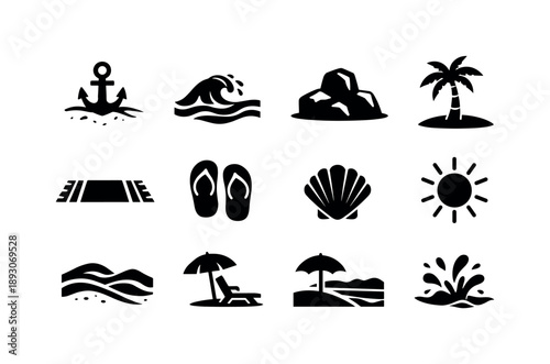 Beach Icon Grid. Anchor in sand beach. Solid icon set of Anchor in sand beach: sandy texture, shoreline waves, coastal rock, palm tree, beach towel, flip