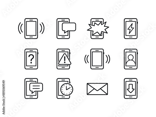Iconic Phone Symbols. Phone surprises. Line icon set of phone surprises: ringing phone, pop-out bubble, starburst, lightning bolt, question icon, alert
