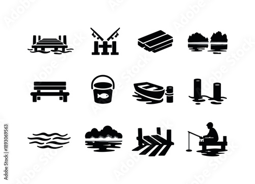 Fishing Dock Icons. Fishing Dock. Solid icon set of Fishing Dock: fishing pier, rod holder, wooden boards, calm lake, dock bench, bait bucket, tied boat, dock