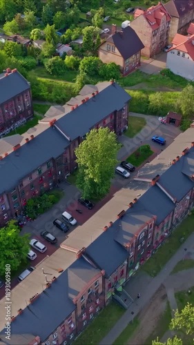 Aerial View of Historic Red Brick Housing Estate with Traditional Vintage Architecture