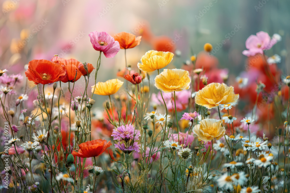 Obraz premium Sunny Summer Meadow with Vibrant Poppies, Daisies, and Wildflowers in Soft Pastel Hues – Ideal for Nature-Inspired Designs