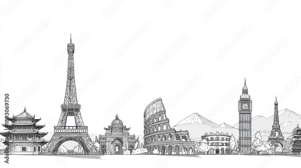 Naklejka premium Minimalist World Landmarks Line Art: Clean, Sharp Black Ink on White for Coloring Pages and Design Projects