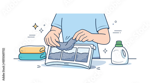 Dryer Lint Removal. Removing lint from dryer filter. A calm household scene showing a person gently pulling lint from a dryer filter, with clean lines and
