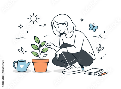 Peaceful Plant Care. Taking care of plants. A peaceful scene of observing plant growth, relaxed body language and light smile. Illustration conveys calm,