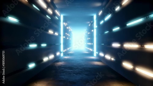 Futuristic tunnel with neon lights and glowing exit