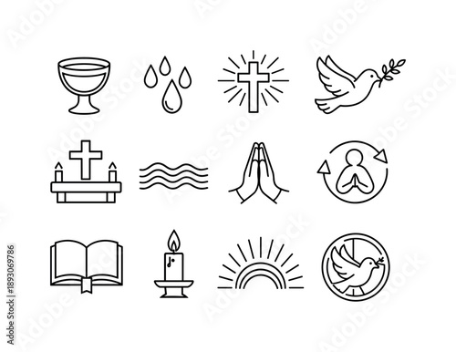 Christian Baptism Icons. Christian baptism. Line icon set of christian baptism: baptism cup, sacred water, cross with light burst, holy dove outline, church