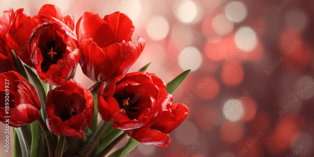 Obraz premium Elegant red tulip bouquet with bokeh lights, Romantic and festive floral arrangement for Valentine’s Day and Mother’s Day cards