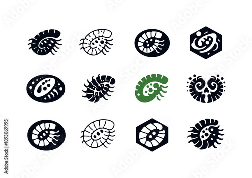 Alien Fossil Icons. The search for ancient extraterrestrial life. Icon set. Set Logo of the search for ancient extraterrestrial life: