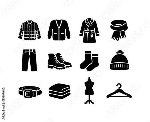 Autumn Fashion Icons. Autumn Layering Style. Solid icon set of Autumn Layering Style: plaid shirt, cardigan, trench coat, scarf, chinos, lace up boots, socks,