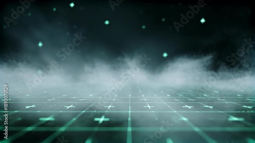 Futuristic grid background with neon lights and fog