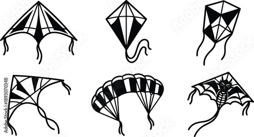 Line art kite icon set with six geometric black silhouettes including diamond and box kites with tails viewed flat in minimalist vector style for outdoor play