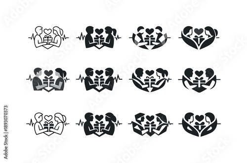 Gift Exchange Icons. happy couple exchanging thoughtful gifts. Icon set. Set Logo of happy couple exchanging thoughtful gifts: heart pulse around gift.