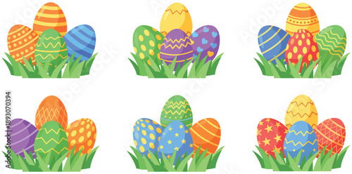 Easter Eggs on Green Grass: An array of colorful, intricately decorated Easter eggs nestle among vibrant green blades of grass, creating a festive springtime scene.