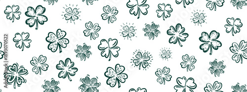 Clover pattern on white, Saint Patricks Day, hand drawn illustrations.	
