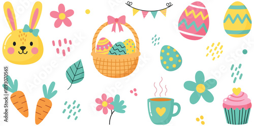 Easter Delight: A whimsical assortment of Easter-themed illustrations, featuring a charming bunny, decorative eggs, a festive basket, cheerful flowers, and other springtime elements.