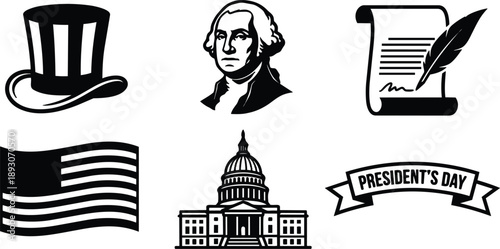 Flat vector icon set patriotic presidents day symbols including george washington portrait top hat capitol building waving flag quill scroll banner bold black line art isolated