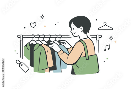 Mindful Thrift Shopping. Thrift store people. A person browsing a secondhand clothing rack, gently moving hangers, showing calm discovery and mindful shopping.