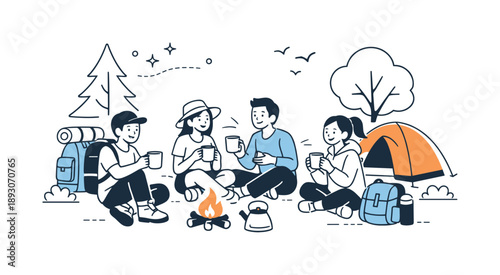 Camping Companions. Friends in nature. People enjoying a simple campsite with backpacks, mugs, and trees around. Relaxed mood, exploration, and shared travel