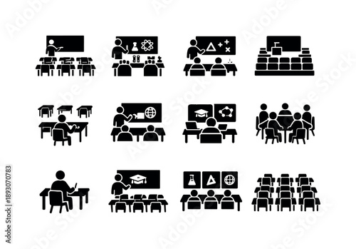 Classroom Icons Grid. Secondary Classroom. Solid icon set of Secondary Classroom: high school classroom, science classroom, math classroom, lecture style