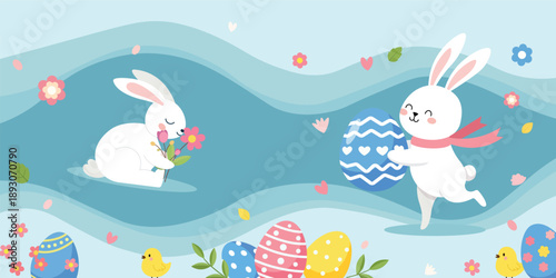 Easter Bunny's Meadow: Two charming Easter bunnies, a symbol of spring, frolic in a pastel meadow adorned with painted eggs, celebrating the joy and spirit of Easter.