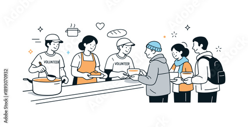 Soup Kitchen Volunteers. People volunteering in soup kitchen together. Volunteers serving warm meals across a counter to visitors. Calm compassion, care, and