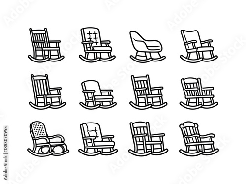 Rocking Chair Icons. Classic rocking chairs. Line icon set of Classic rocking chairs: wooden rocker, padded rocker, modern rocker, curved rockers, high-back