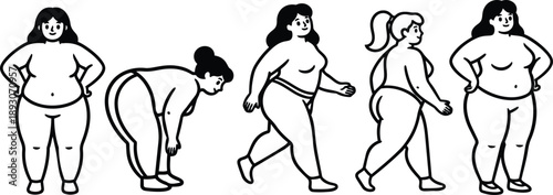 Line art plus size woman series front side and three quarter walking and bending poses in underwear standing hands on hips smiling confident casual mood friendly