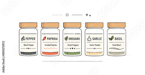 Minimalist Spice Jar Set. Minimal spice jars set. Several glass spice jars of the same size aligned evenly, neutral tones and understated labels. Organized
