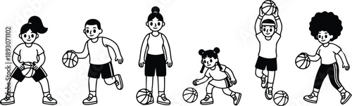 Line art children basketball vector set showing six diverse kids dribbling passing shooting catching and posing with balls front view playful sporty energetic illustration simple outline
