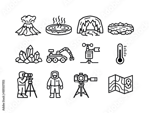 Extreme Environment Icons. Extreme Environments Study. Line icon set of Extreme Environments Study: volcanic vent, hot spring, ice cave, saline lake, sulfur