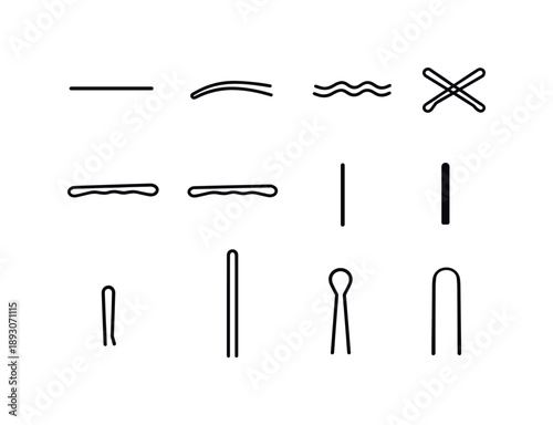 Minimal Hairpin Icons. Minimal hairpins. Line icon set of Minimal hairpins: straight pin, curved pin, wavy pin, crossed pins, open pin, closed pin, thin pin,