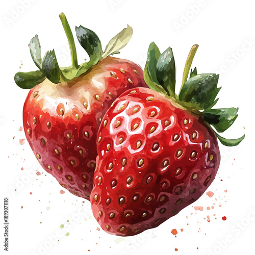 Bild auf Leinwand Freshly Picked Strawberries, colorful watercolor painting with bold outlines, isolated on a white background