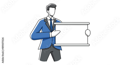 A man in a business suit holds a blank whiteboard.